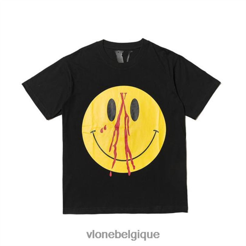 être Vlone Hommes t-shirt en coton avec smiley de sang noir et blanc 6V4D348 haut